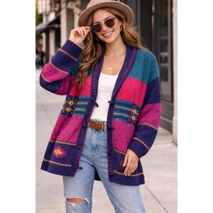 Vtg 90s SK Wear Knit Cardigan Sweater Large Multi Color Geometric Patchwork